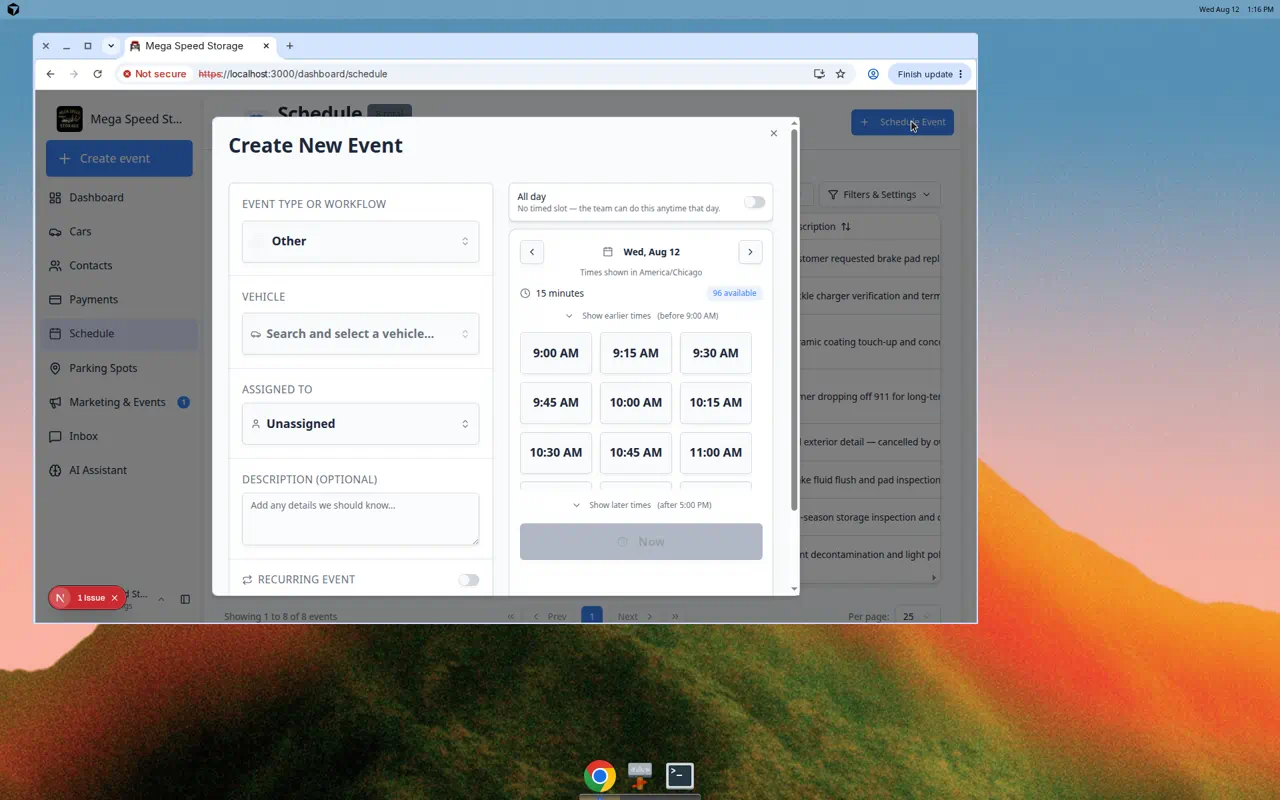Create New Event dialog showing event type, vehicle, assigned team member, description, date picker, and available time slots
