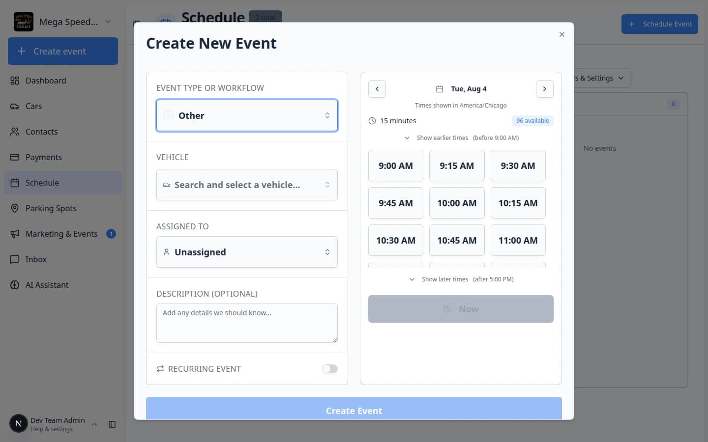 Create New Event form with the Now button visible below the available time slots