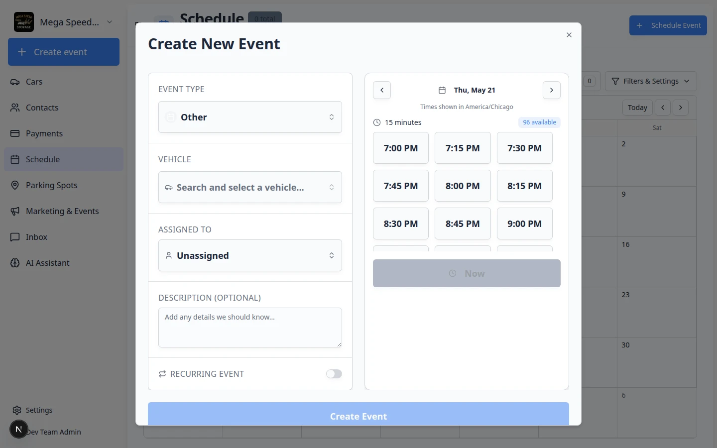 Create New Event form with Recurring Event enabled showing repeat frequency, days of the week, and Until date fields