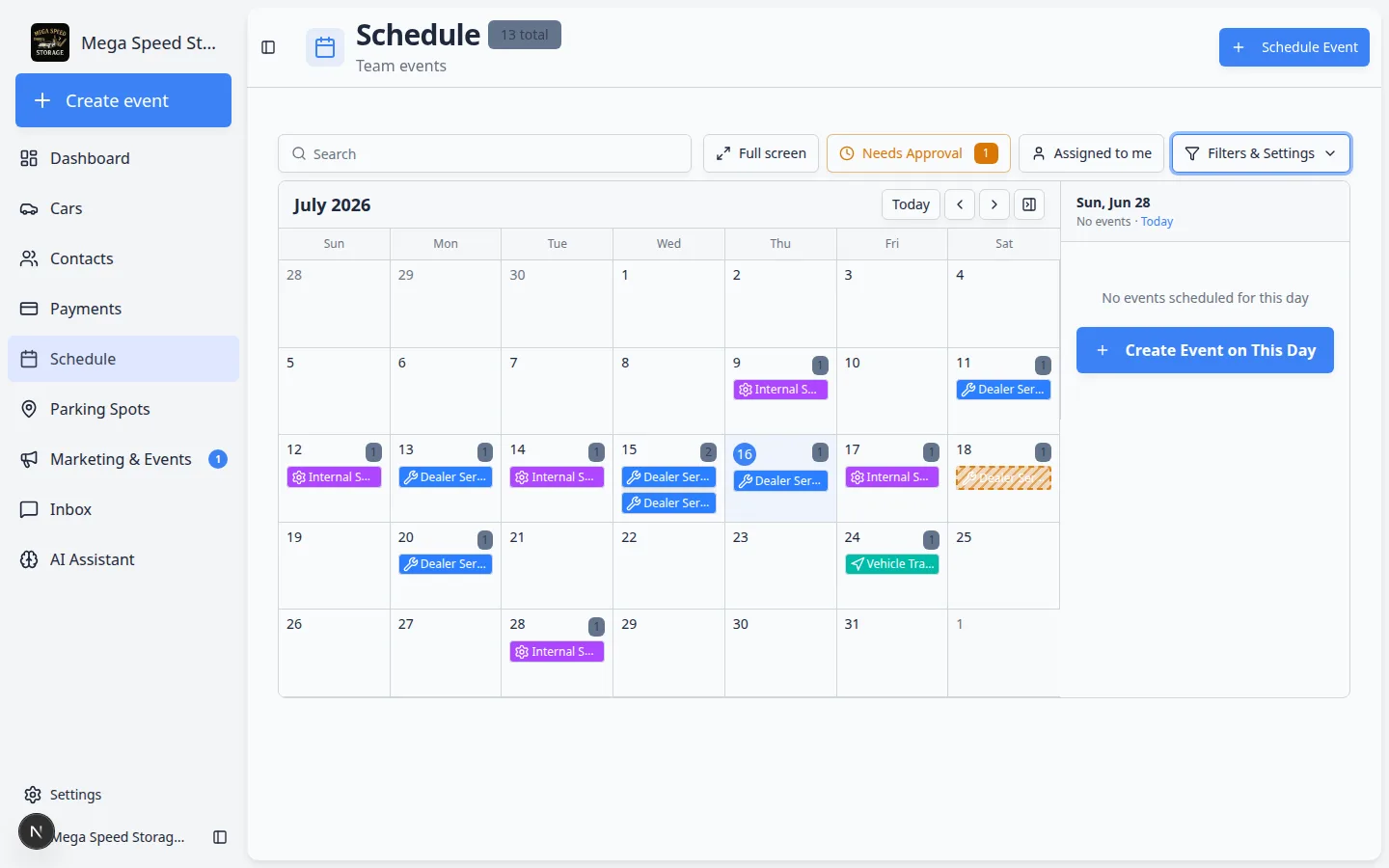 Schedule Month view with day detail panel open on the right listing events for the selected day