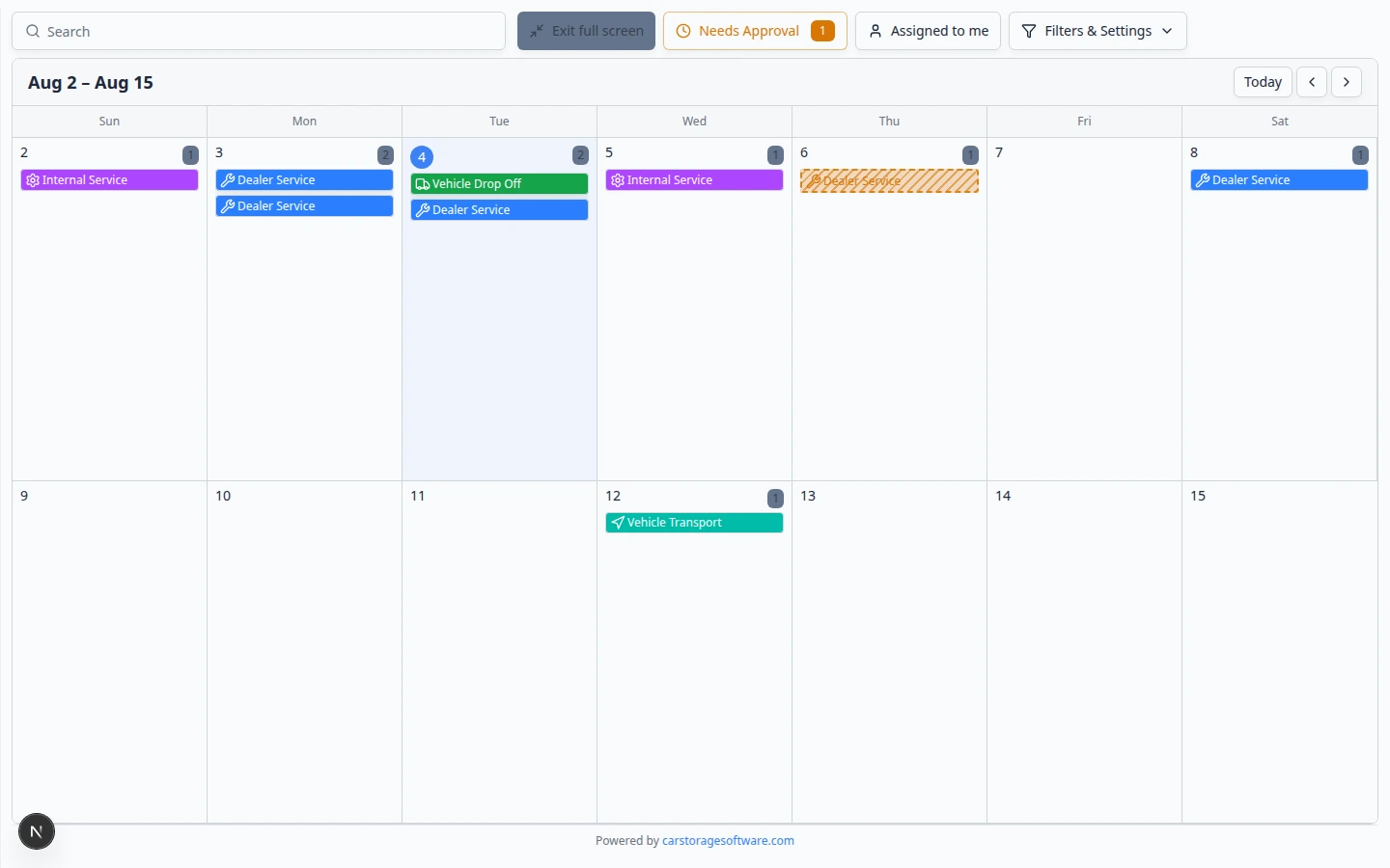 Schedule full-screen Progress view showing To Do, In Progress, and Done columns with vehicle event cards on a wall-style display