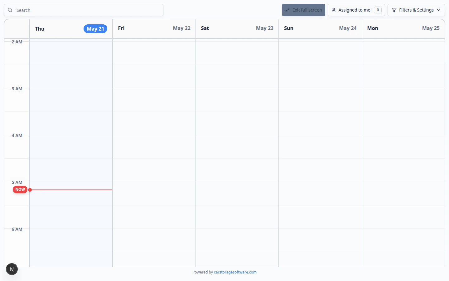 Schedule in full-screen display mode showing a large calendar view without the main dashboard sidebar