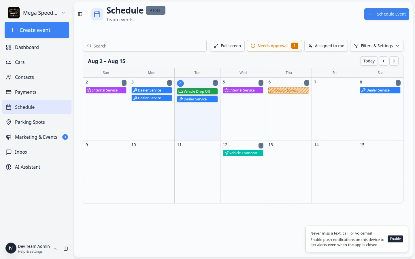 Schedule event details panel showing customer, vehicle, scheduled time, notes, and Edit Event button
