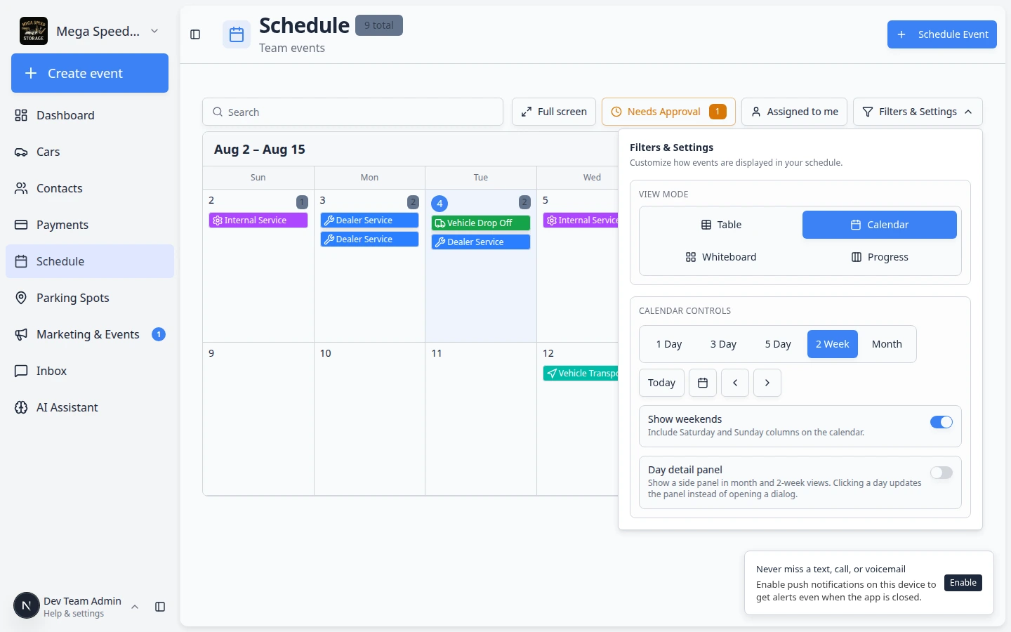 Filters and Settings panel on Schedule showing 2 Week selected plus Show weekends and Day detail panel switches