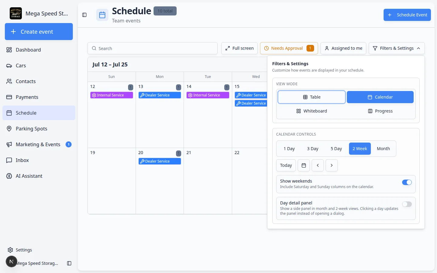Schedule filters showing 2 Week view and weekend options