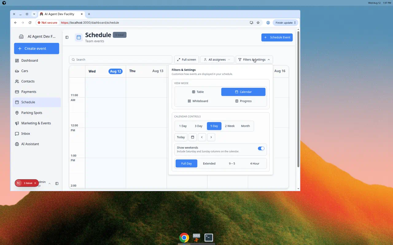 Filters & Settings panel open, showing view mode choices (Table, Calendar, Whiteboard, Progress) and calendar display options like 1 Day, 3 Day, 5 Day, 2 Week, Month, and time range settings
