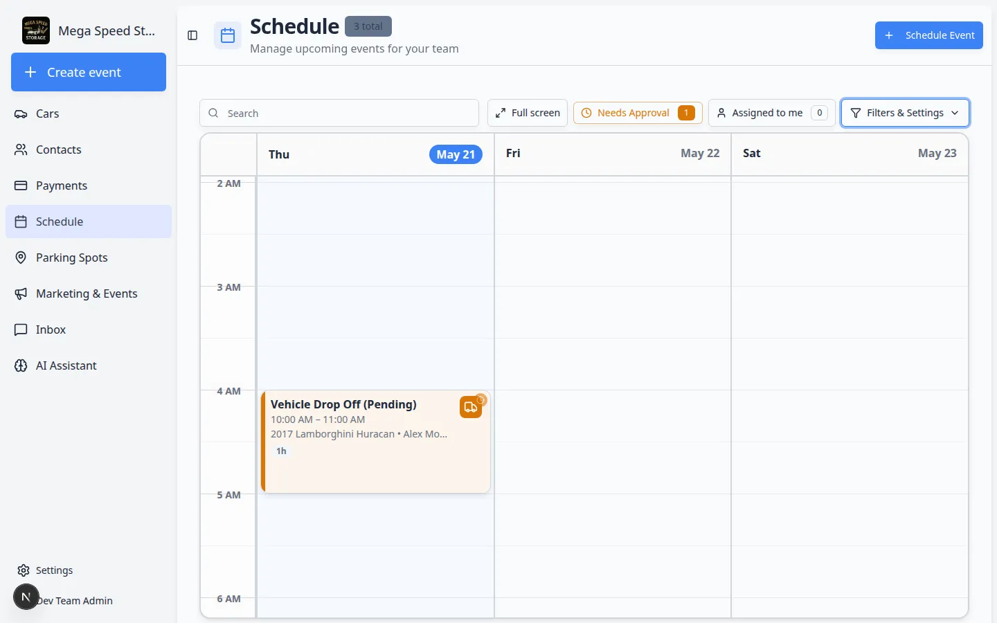 Filters & Settings panel open, showing view mode choices (Table, Calendar, Whiteboard, Progress) and calendar display options like 1 Day, 3 Day, 5 Day, Month, and time range settings