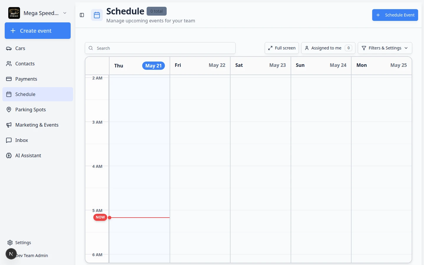 Schedule page header showing the Full screen button next to Schedule Event and Filters and Settings