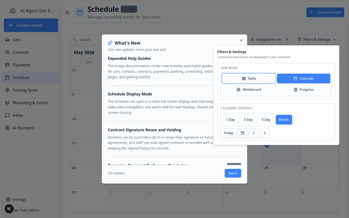 Schedule month view with a day list open showing events for the selected day and a Create Event on This Day button