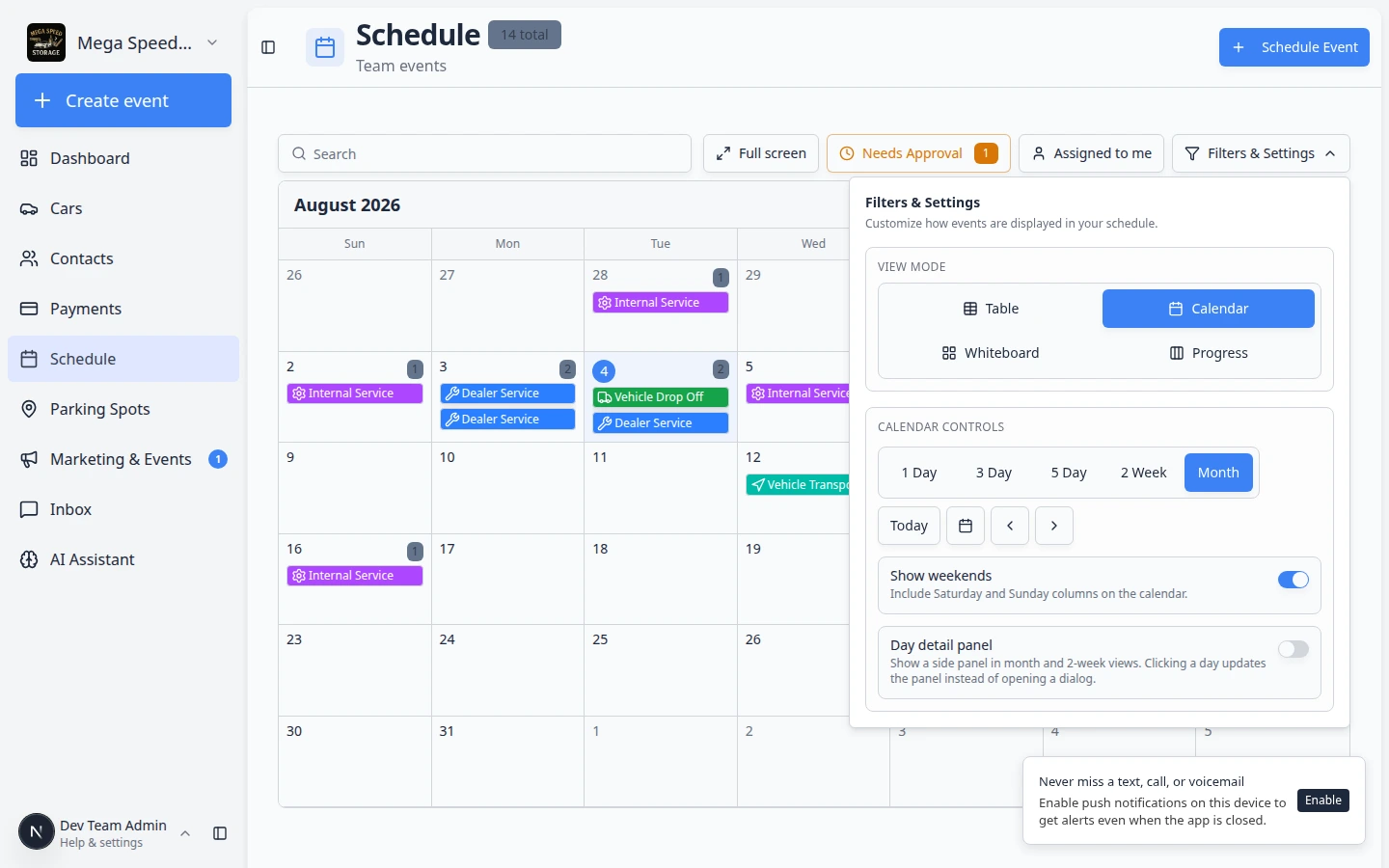 Schedule month view showing multiple appointments across the month including dealer service, internal service, and transport events