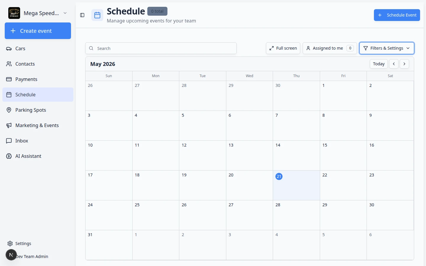 Schedule calendar in Month view showing a grid of days with color-coded events