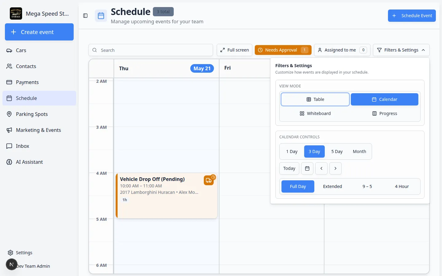 Schedule page with the Needs Approval filter active, showing a badge count and highlighted booking requests on the calendar