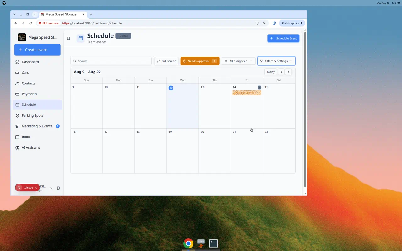 Schedule page with Needs Approval filter active showing a pending online booking request on the calendar with a number badge on the filter button
