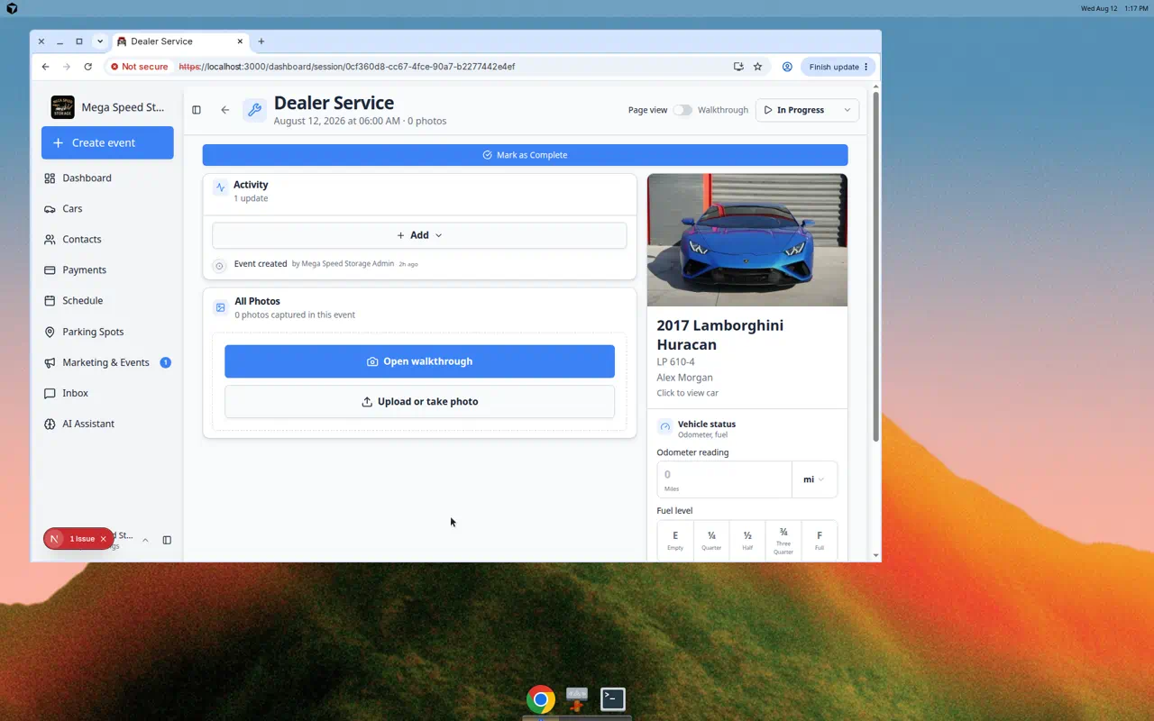 Event workflow page showing event title, status progress bar, activity feed, vehicle card, and Mark as Complete button