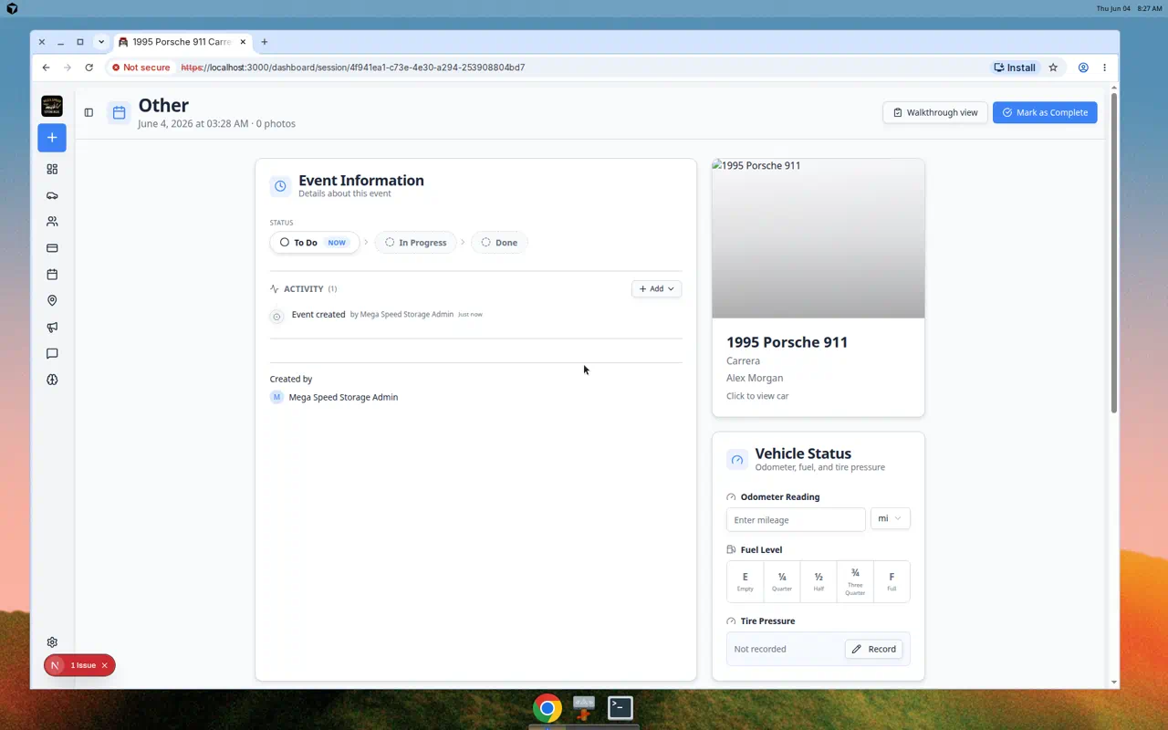 Event workflow page showing event information, status choices, activity area, and vehicle status fields