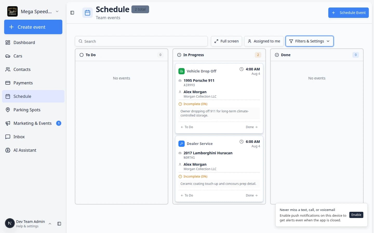 Event details on Schedule Progress view with the status menu open showing choices such as Scheduled, In Progress, and Complete