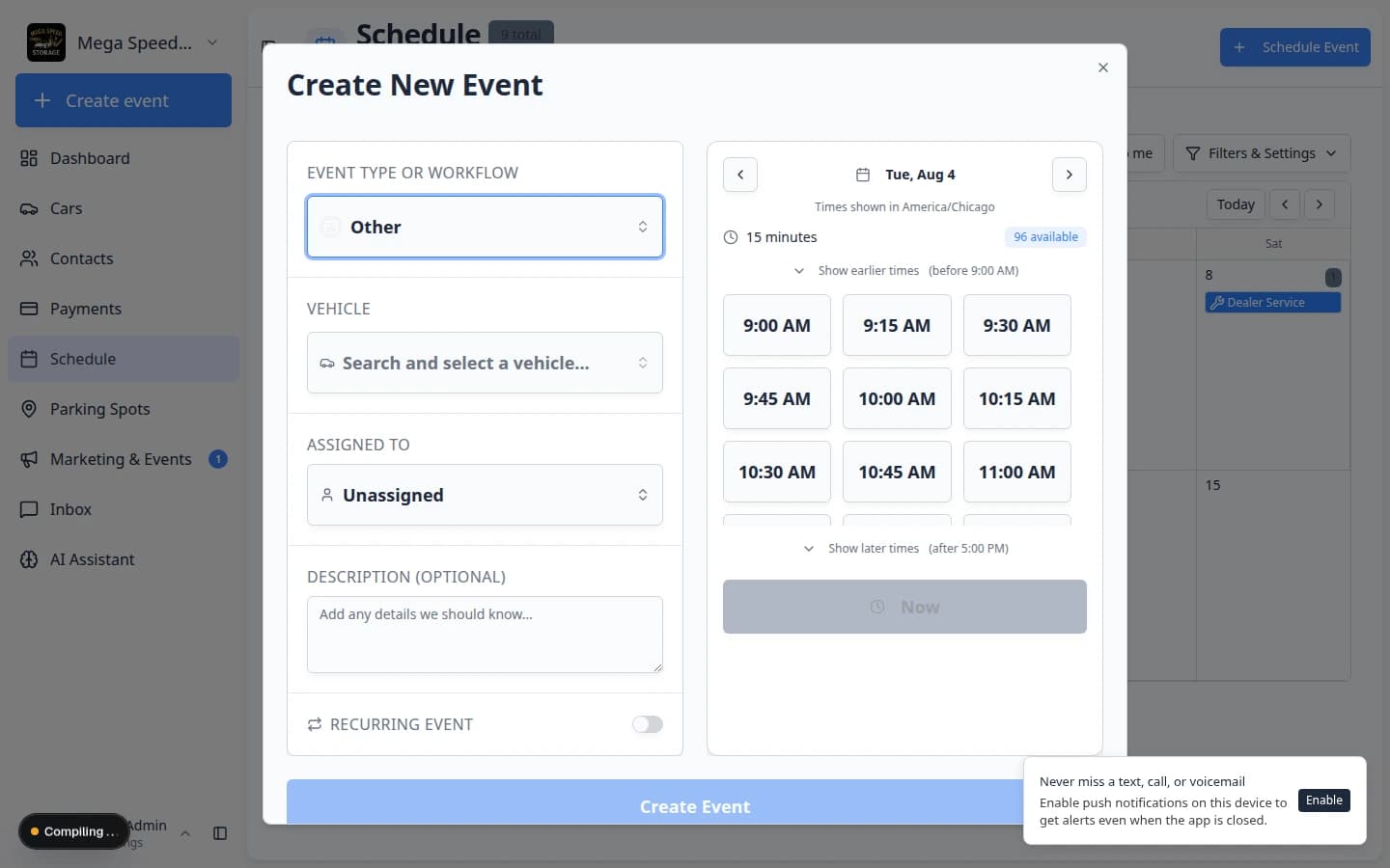 Create New Event form with Recurring Event enabled showing repeat frequency, days of the week, and Until date fields