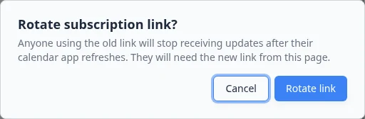 Rotate subscription link confirmation dialog with Cancel and Rotate link buttons