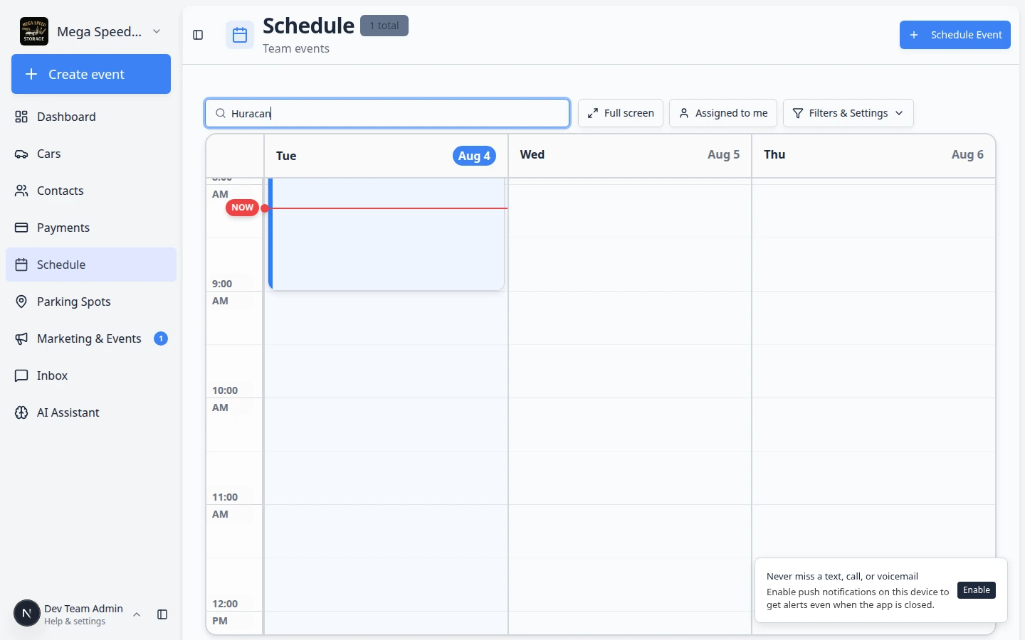 Schedule page with Porsche typed in the Search field and only matching appointments visible on the calendar