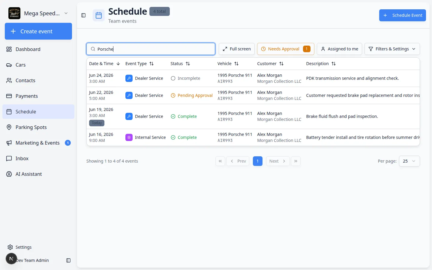 Schedule page with Porsche typed in the Search field and only matching appointments visible on the calendar
