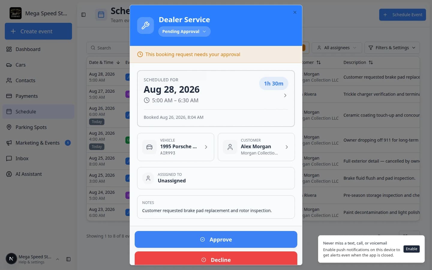 Schedule Table view with an event details panel open showing scheduled time, vehicle, customer, notes, and Open Event button