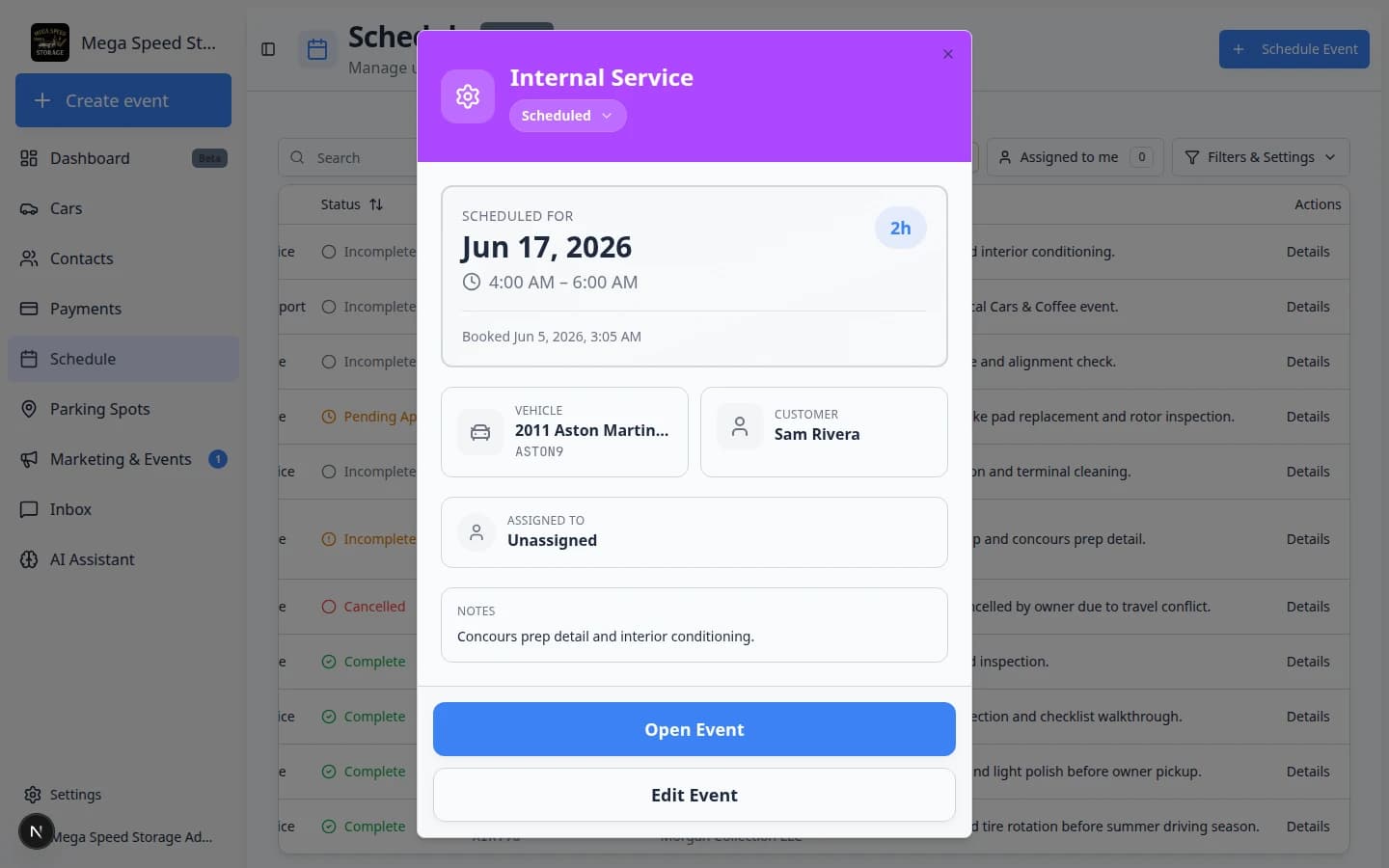 Schedule Table view with an event details panel open showing scheduled time, vehicle, customer, notes, and Open Event button