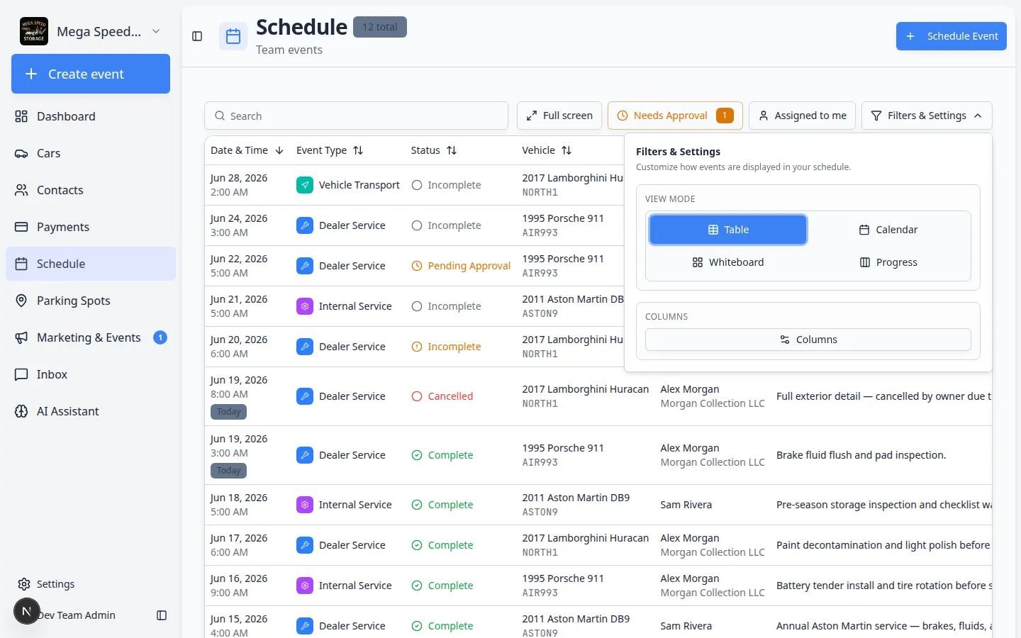 Schedule in Table view showing events listed with columns for date and time, event type, status, vehicle, customer, and description