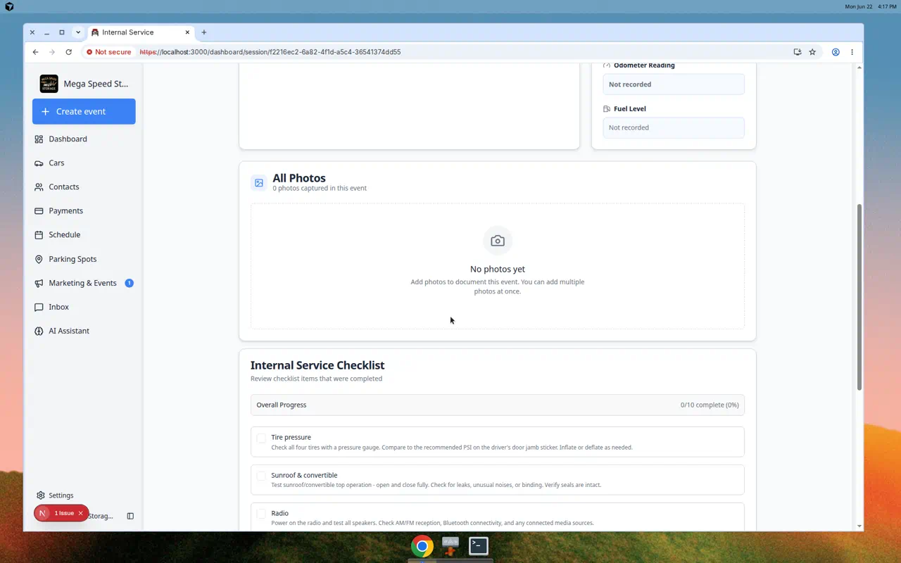 Event workflow page showing Internal Service Checklist with inspection items such as tire pressure, fluids, and battery check