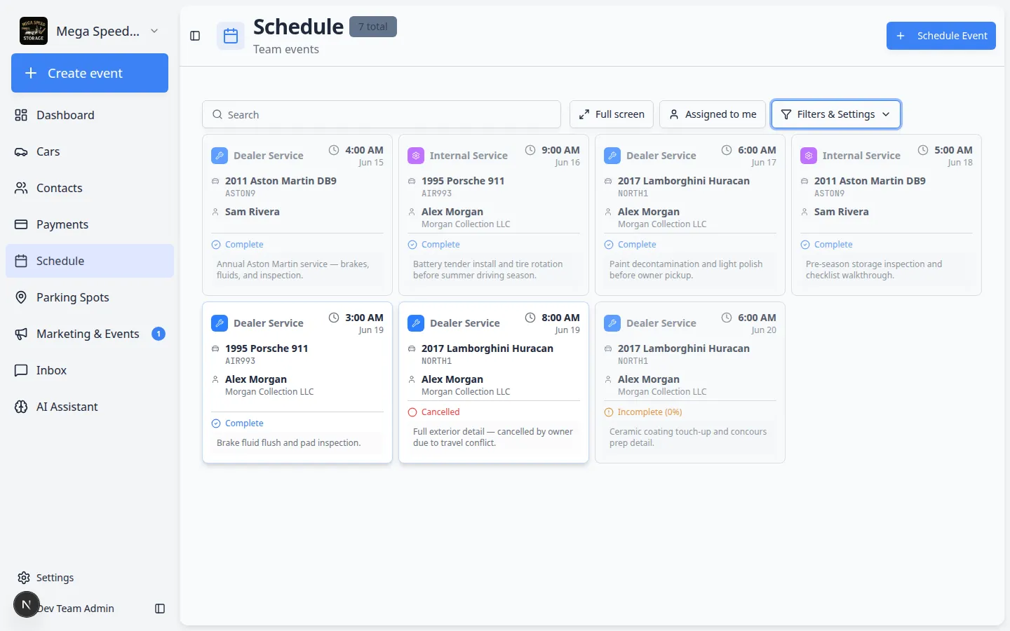 Filters and Settings panel on Schedule with Whiteboard view selected and DATE RANGE options such as Today and This Week
