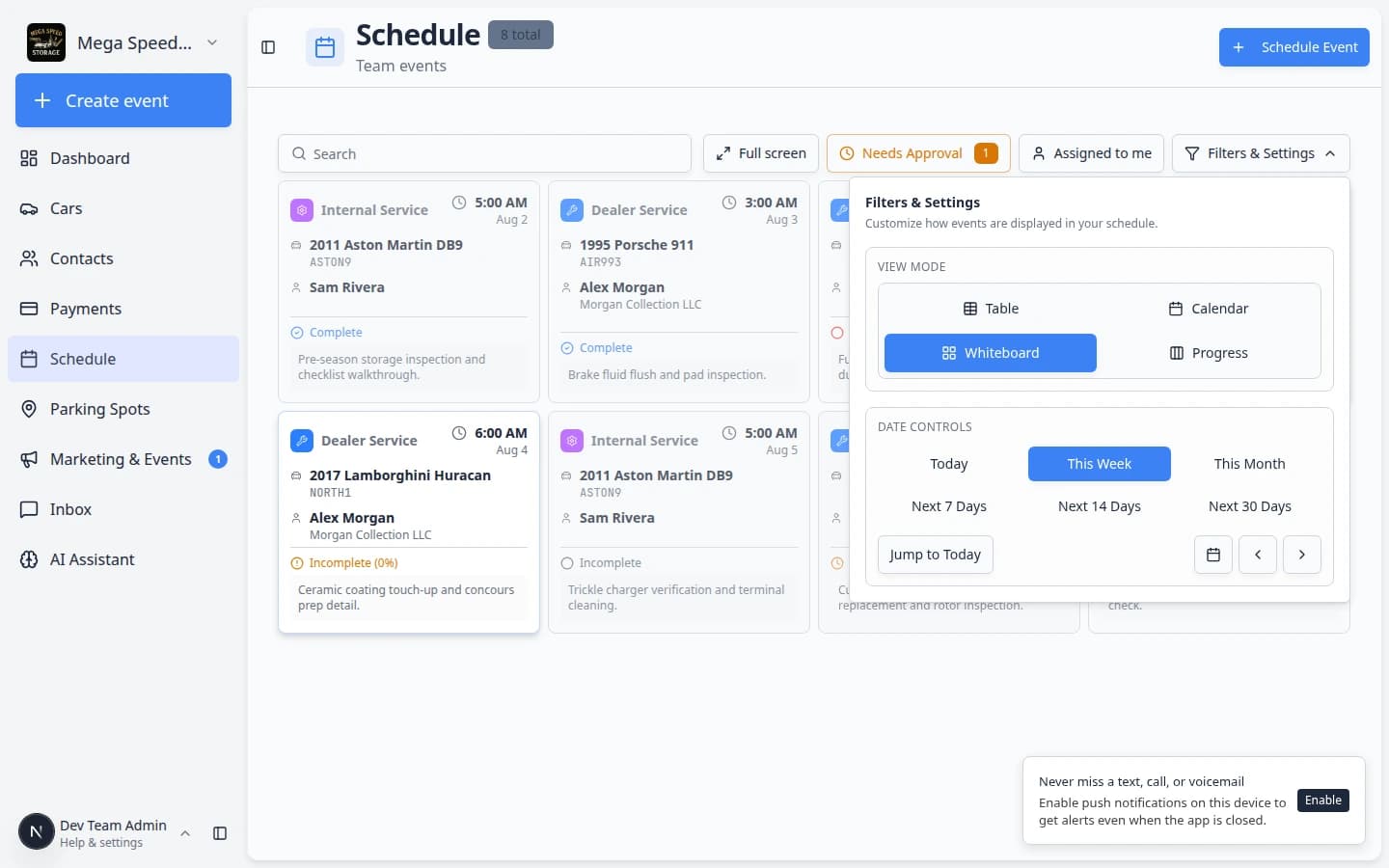 Filters and Settings panel on Schedule with Whiteboard view selected and DATE RANGE options such as Today and This Week