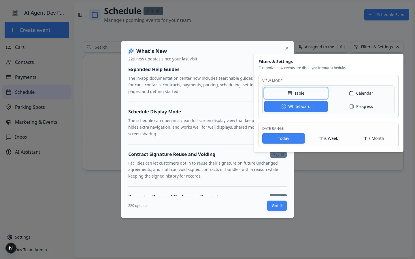 Schedule Whiteboard view showing scheduled work as cards with vehicle names, customers, event types, and times