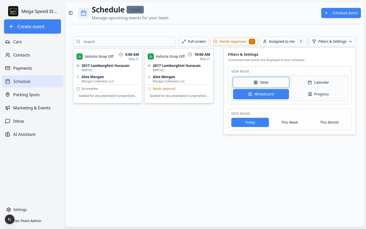 Schedule Whiteboard view showing scheduled work as cards grouped in a visual layout