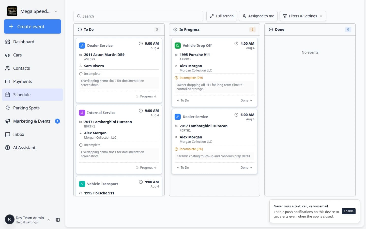 Event workflow page header showing Mark as Complete button