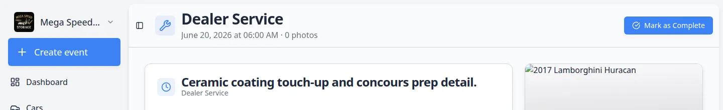Event workflow page header showing Mark as Complete button and Walkthrough view option