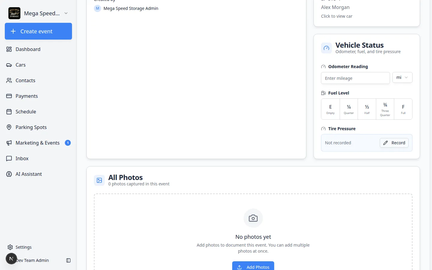 Event workflow page showing STATUS progress steps, ACTIVITY feed, and All Photos section with Add Photos button