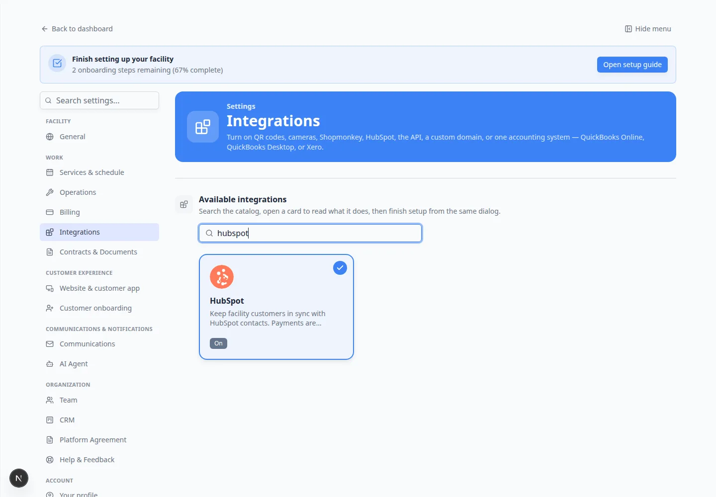 Integrations search box filled with hubspot, showing only the HubSpot card