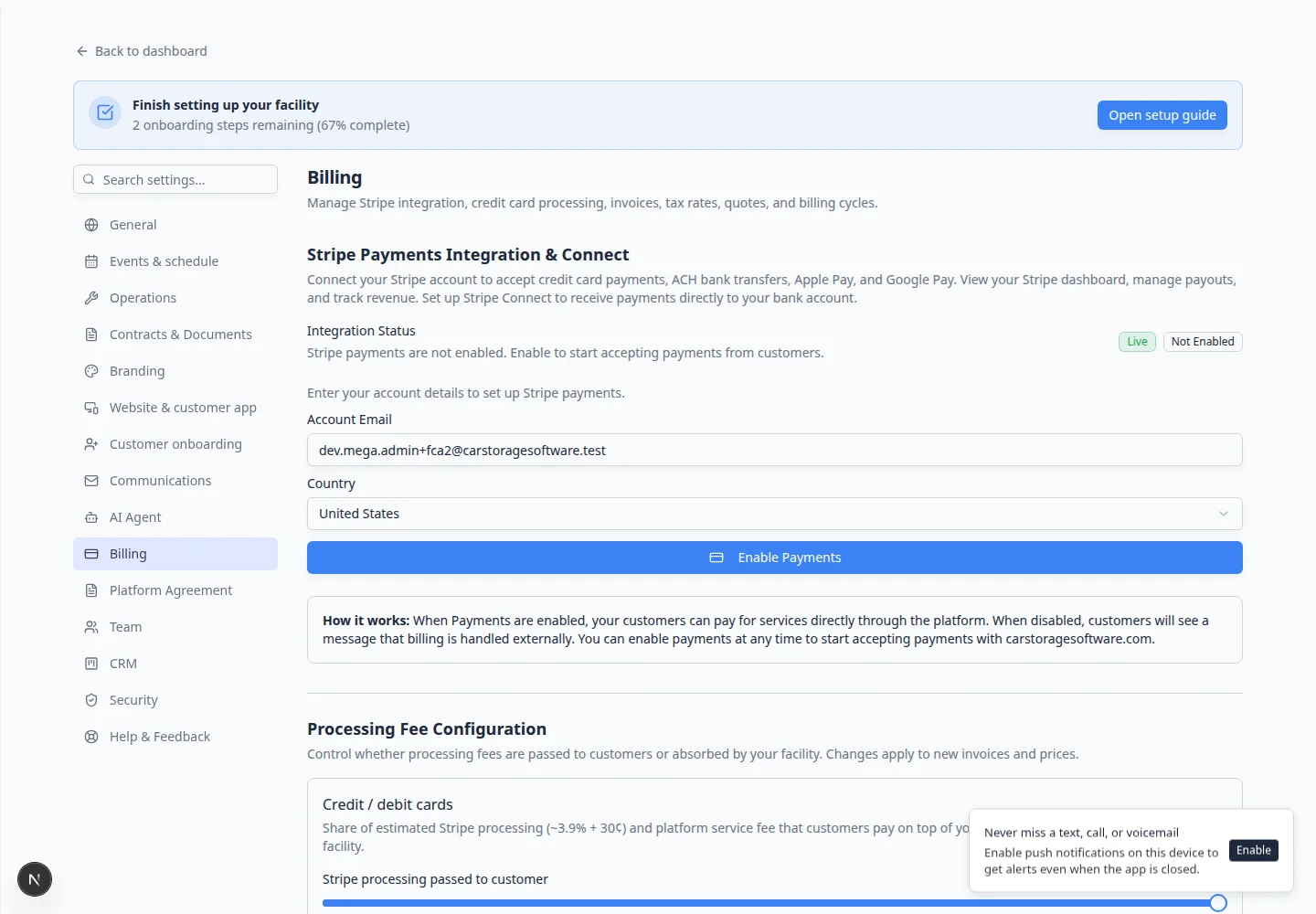 Billing settings page showing Stripe Payments Integration, processing fee settings, statement billing, invoice configuration, tax rates, and quote settings