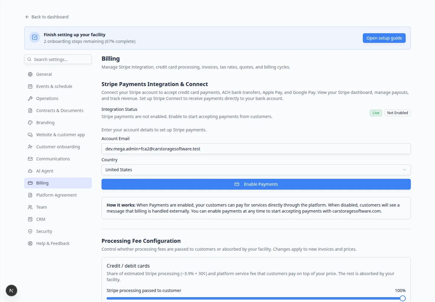 Billing settings page scrolled to Processing Fee Configuration section