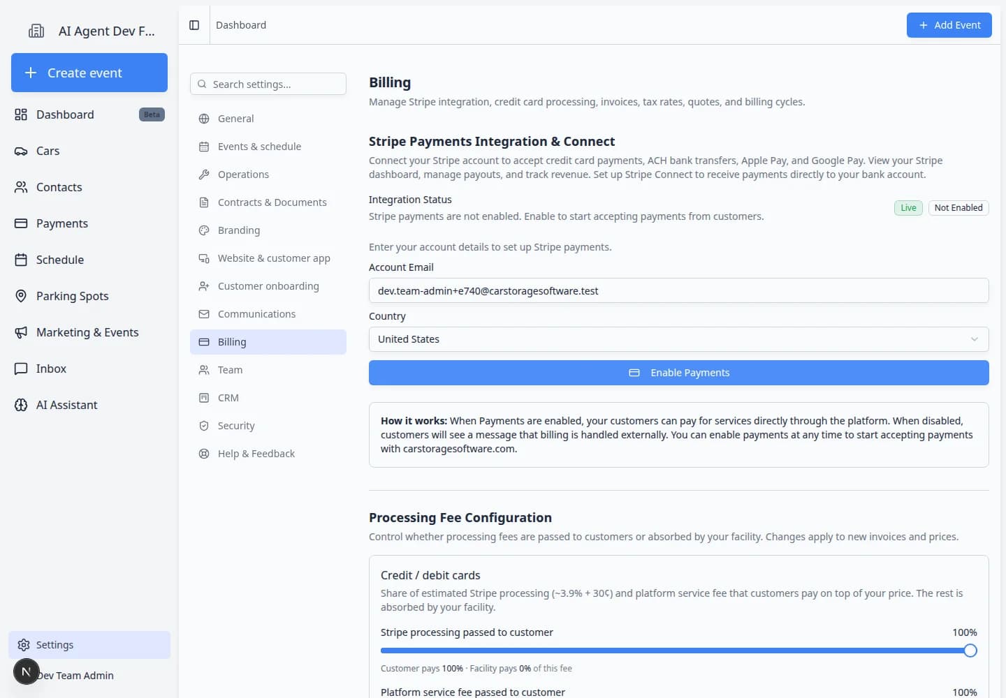 Billing settings page showing Stripe Payments Integration and Connect section at the top