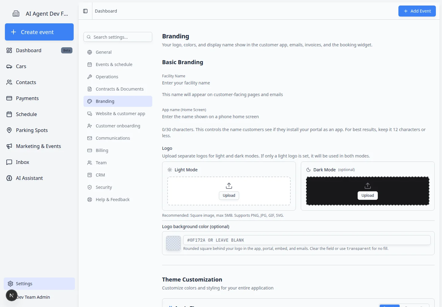 Branding settings scrolled to Theme Customization showing color pickers and theme preset options