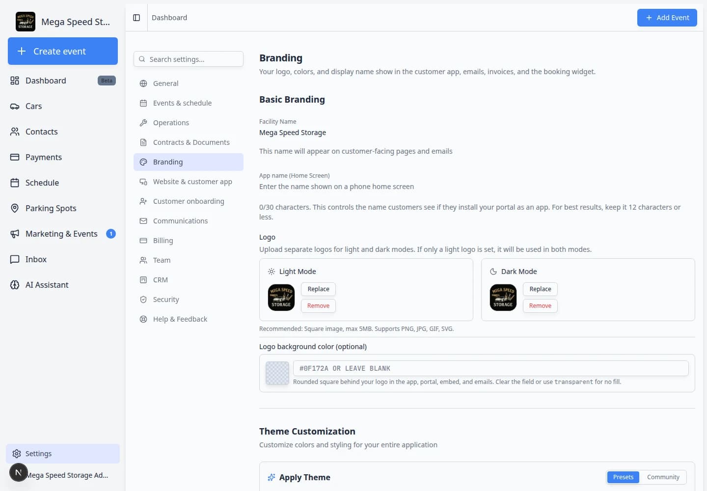 Branding settings page showing Basic Branding with facility name, app name, and light and dark mode logo upload areas