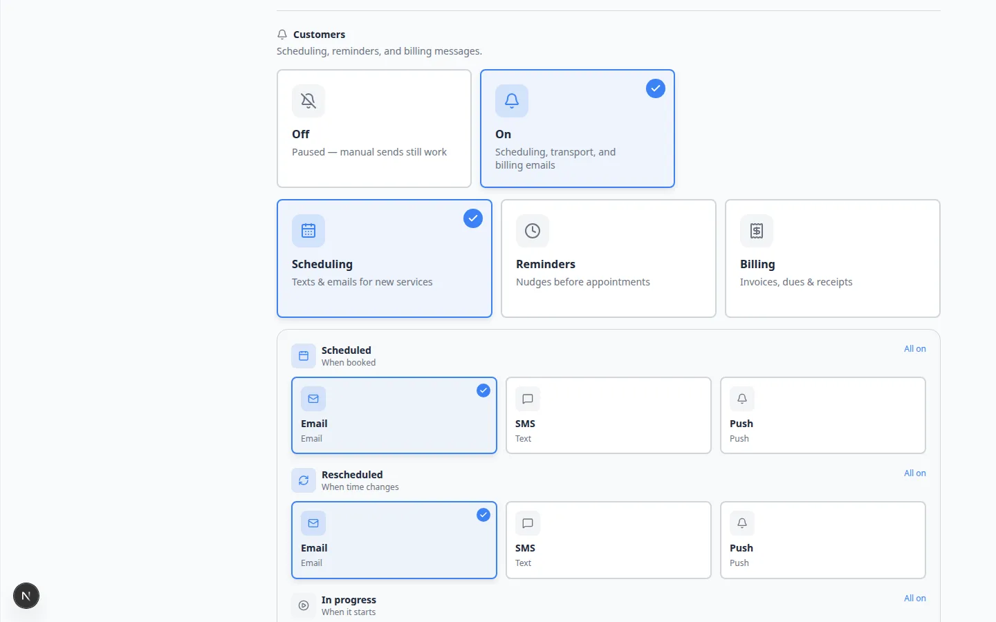 Communications settings with staff alert defaults