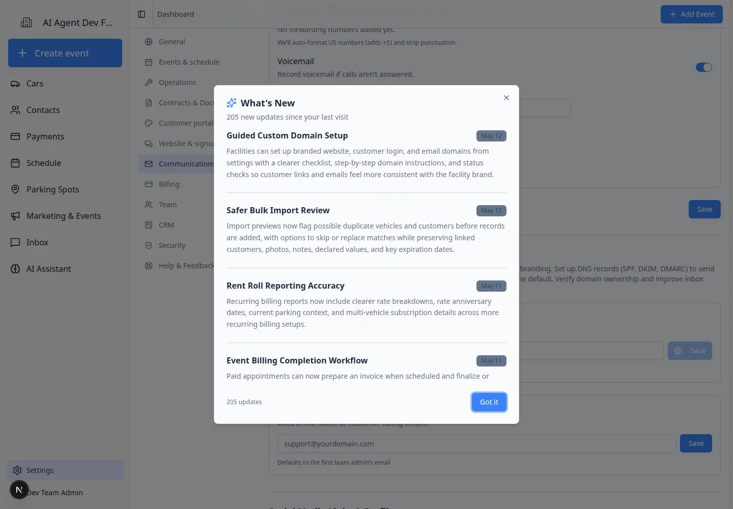 Communications settings page scrolled to Email Domain and Deliverability Settings