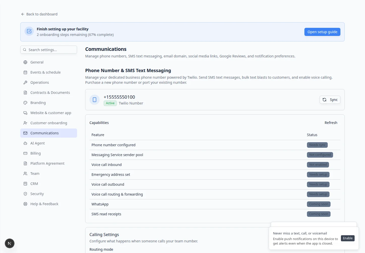 Communications settings page showing phone number and SMS, email domain, social media links, Google Reviews, and notifications