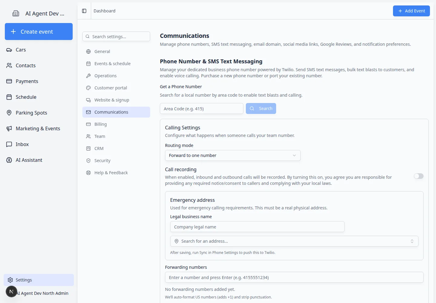 Communications settings page showing phone number and SMS, email domain, social media links, Google Reviews, and notifications