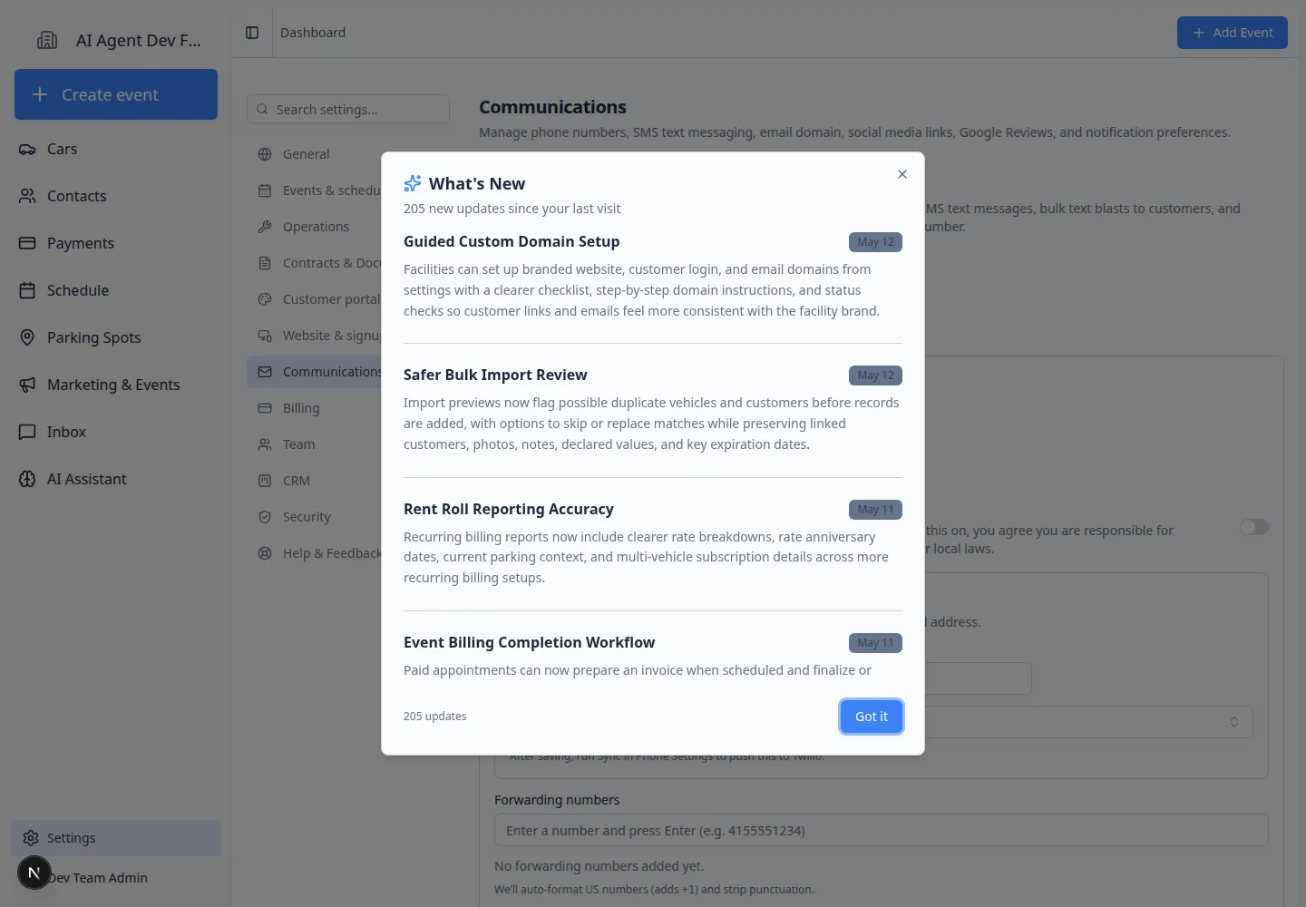 Communications settings page scrolled to Phone Number and SMS Text Messaging section