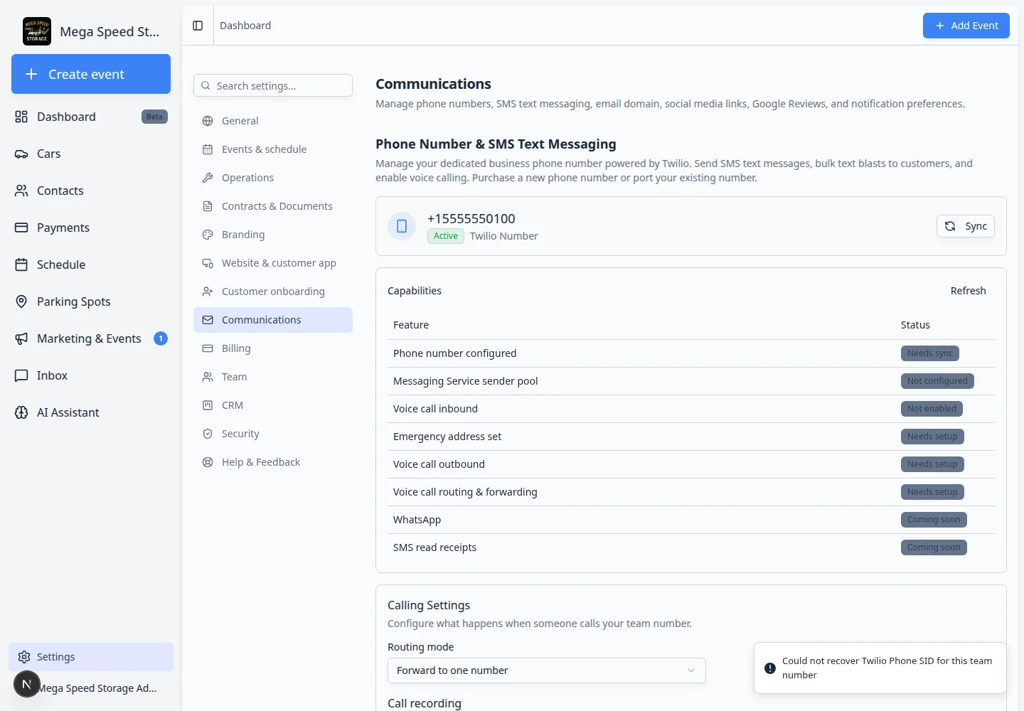 Communications settings scrolled to Social Media Links and Profiles section