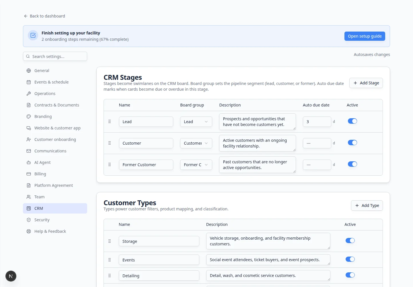 CRM Stages table row showing Auto due date column set to 3 days for a New Lead stage