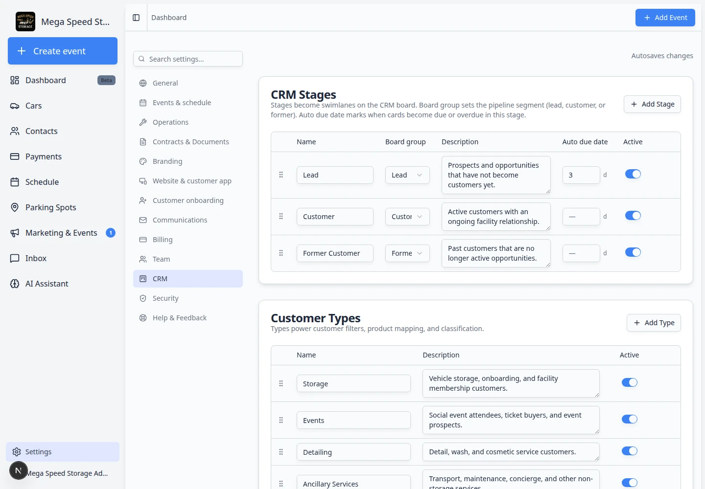 CRM settings page focused on Customer Types table with type names, descriptions, and Active toggles
