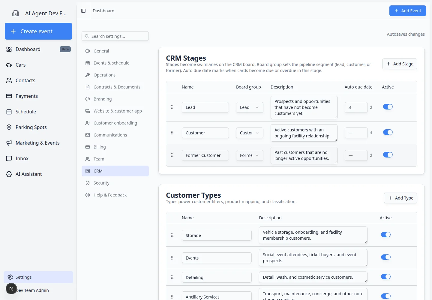 CRM settings page showing CRM Stages, Customer Types, and CRM Sources tables